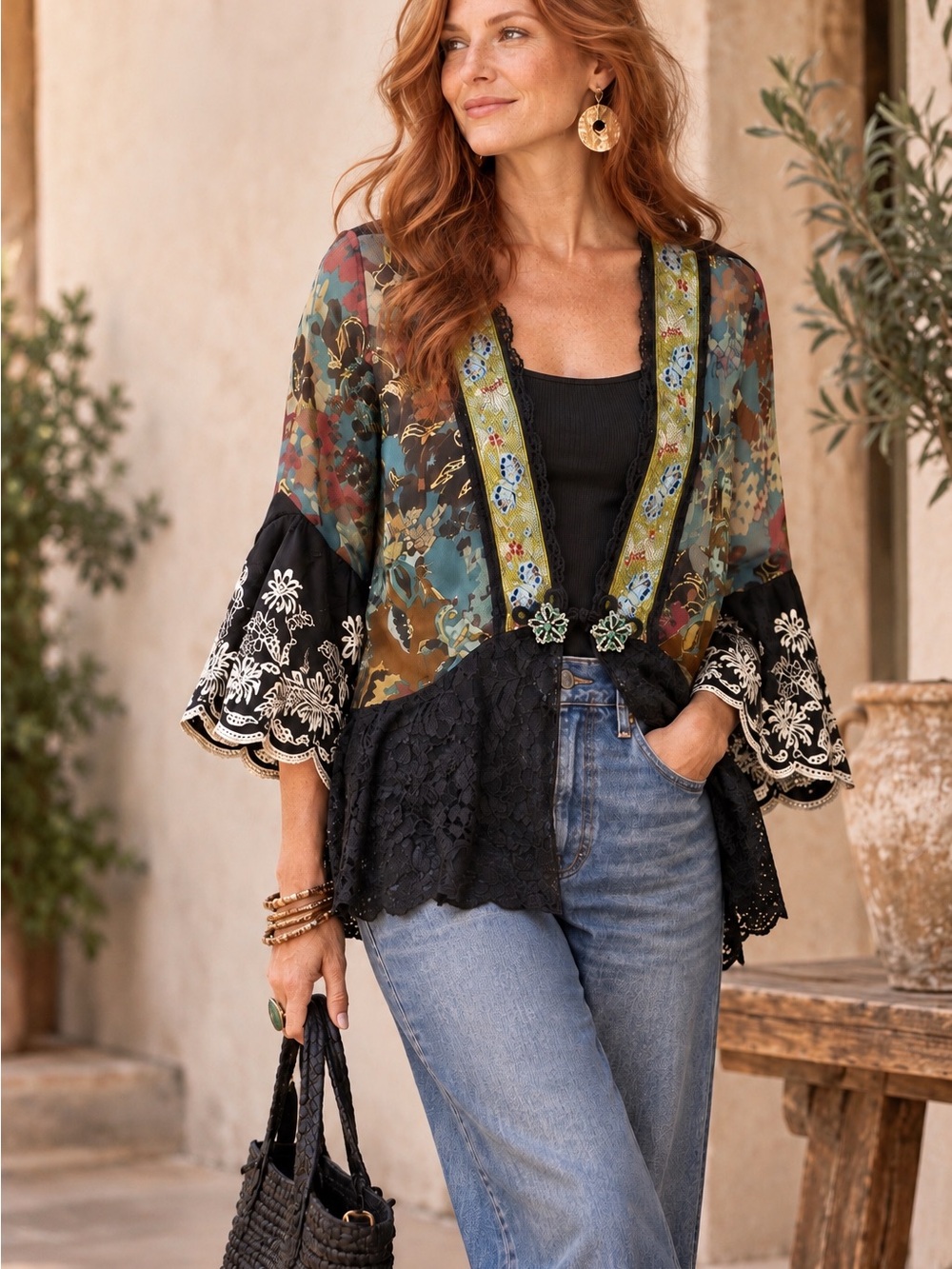 Talk of the Walk Silk Lace/Floral Art to Wear Jacket Embroidered Bell Sleeve M